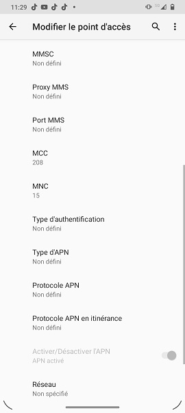 Configuration d’un point d’accès Internet (APN)